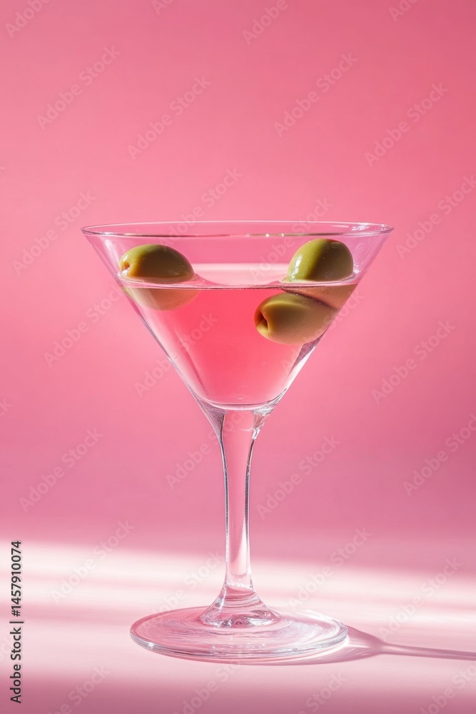 Pink Martini with Olives on Pink Background Studio Shot Minimalist Style Cocktail Glass Drink Celebration Pink Martini with Olives on Pink Background Studio Shot Minimalist Style Cocktail Glass Drink Celebration