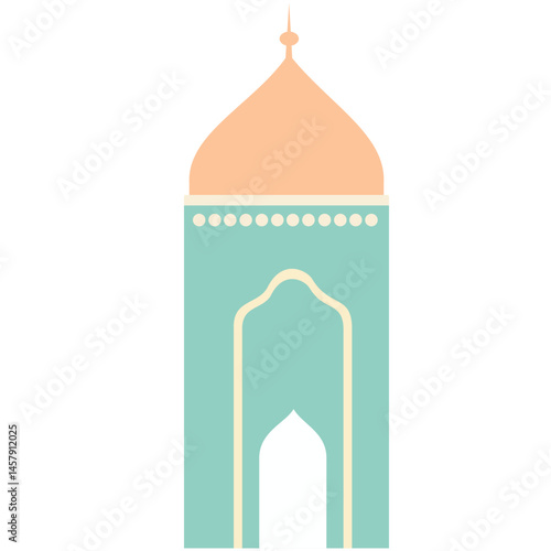 A stylized peach and green mosque with a central dome, elegant arches, and a tall minaret, inspired by Islamic architecture.