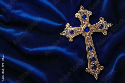 Golden cross with blue gems on dark silk background
