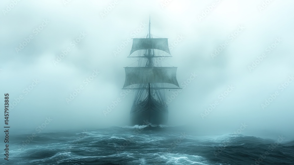 Fototapeta premium A solitary figure walks into the blue, dense fog, creating a mysterious and somber atmosphere.