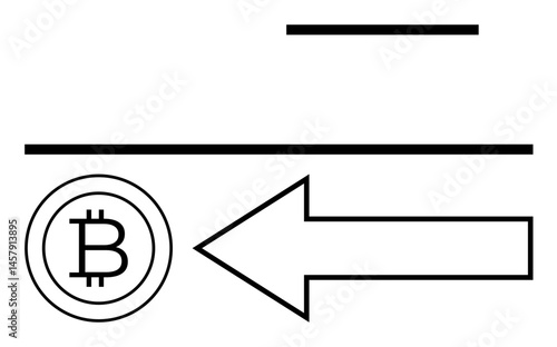 Bitcoin symbol enclosed in a circle with large arrow pointing left represents cryptocurrency transaction flow. Horizontal lines add minimalistic visual balance. Ideal for finance, blockchain, digital