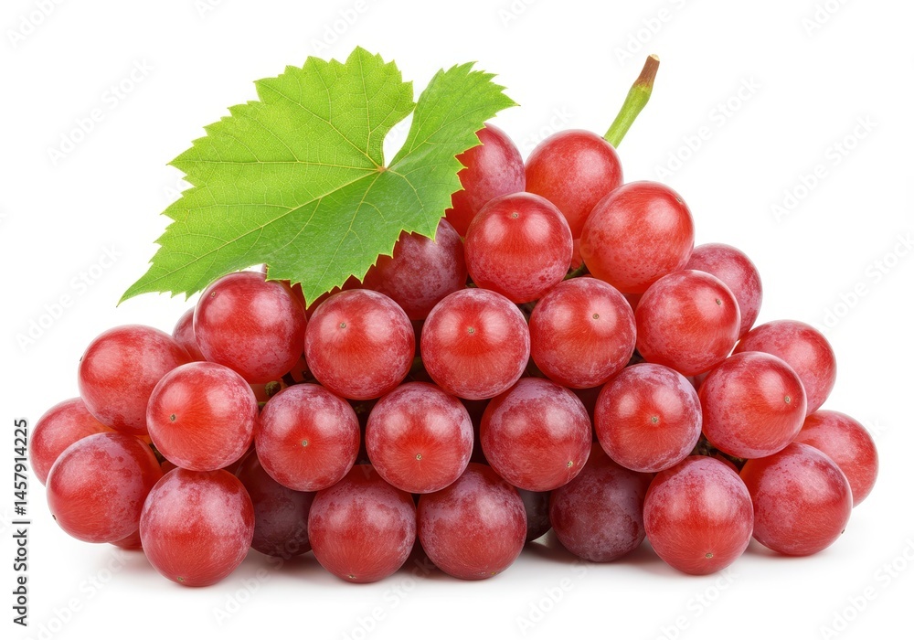 Fototapeta premium Fresh Red Grapes Bunch with Green Leaf Isolated White Background Food Vine Wine Fruit Sweet Juice