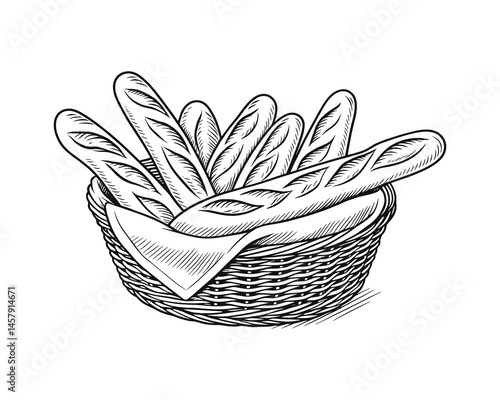 A basket filled with fresh baguettes bread food still life art