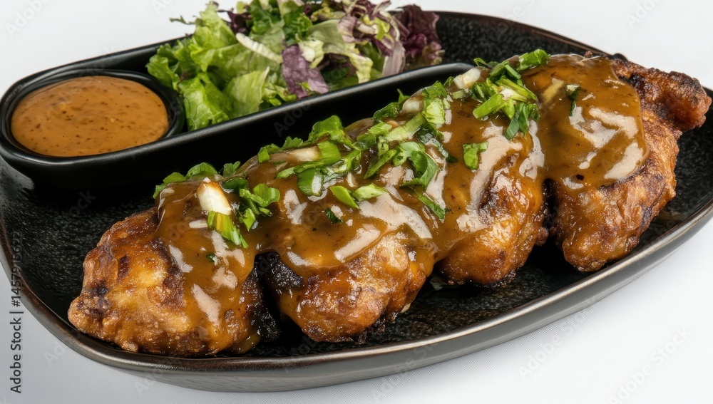 Grilled chicken pieces with sauce and salad Grilled chicken pieces with sauce and salad