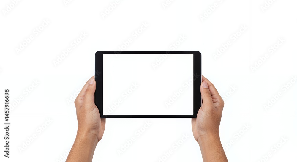 Hands holding a blank tablet, showcasing a minimalist design with a clean white background, perfect for digital mockups and presentations. Hands holding a blank tablet, showcasing a minimalist design with a clean white background, perfect for digital mockups and presentations.