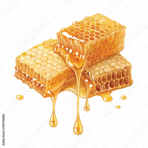 realistic glossy honeycomb dripping liquid honey isolated on transparent background