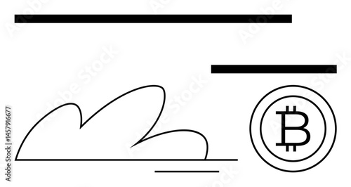 Bitcoin symbol inside a circle beside a cloud shape with horizontal lines. Ideal for blockchain, cryptocurrency, digital finance, economy trends, innovation, online payments, flat simple metaphor