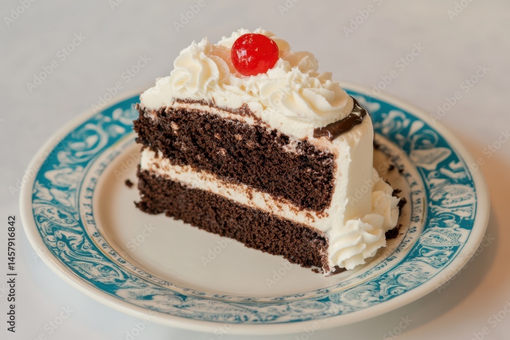 Slice of chocolate cake with whipped cream and cherry on decorative plate studio shot food photography Slice of chocolate cake with whipped cream and cherry on decorative plate studio shot food photography