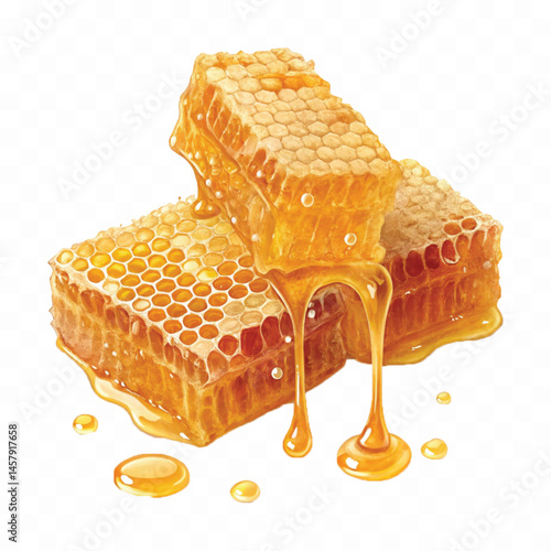 realistic glossy honeycomb dripping liquid honey isolated on transparent background