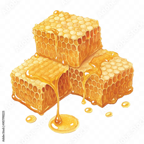 realistic glossy honeycomb dripping liquid honey isolated on transparent background
