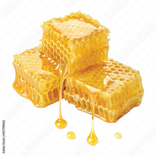 realistic glossy honeycomb dripping liquid honey isolated on transparent background