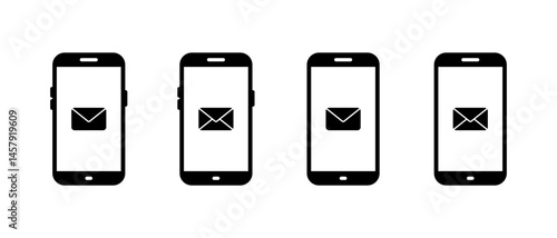 Message on mobile phone screen icon set. New email on cellphone display sign symbol