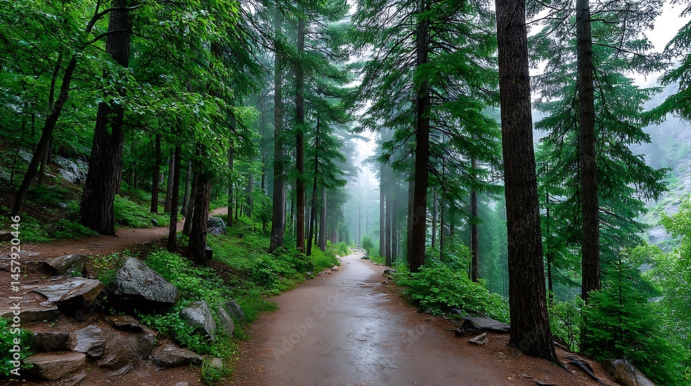 Fototapeta premium Lush Green Forest Pathway Surrounded by Mist and Tall Evergreen Trees in Nature