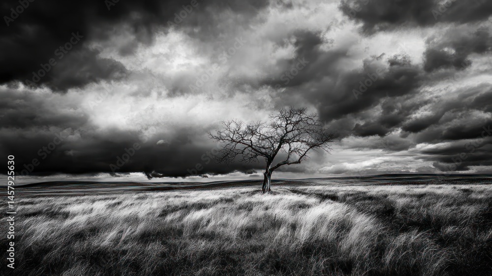 Obraz premium Lone bare tree in windswept field under dramatic cloudy sky