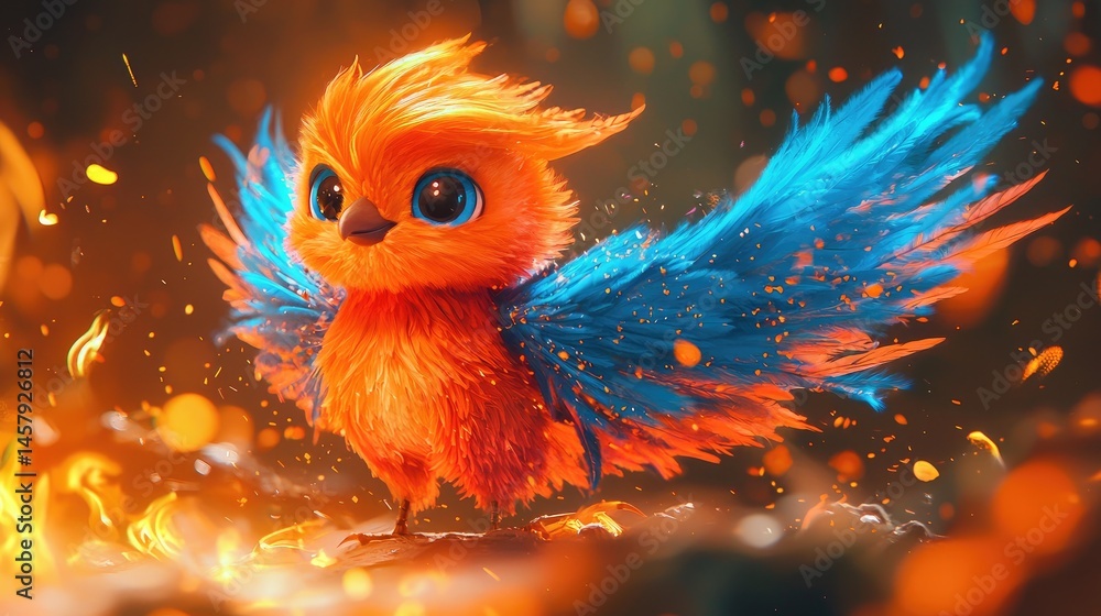 Fototapeta premium A vibrant, digital rendering of a small, fiery bird.