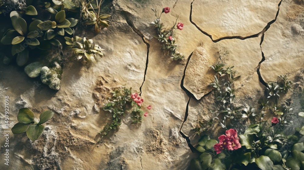 Cracked Stone Surface with Greenery and Red Flowers Cracked Stone Surface with Greenery and Red Flowers
