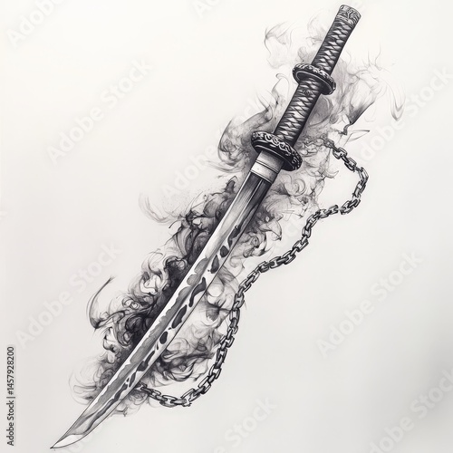 katana, draw, asian, cut, Japan, smoke, black and white, chain, weapon
