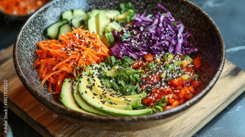 Colorful vibrant bowl with various healthy vegetables.