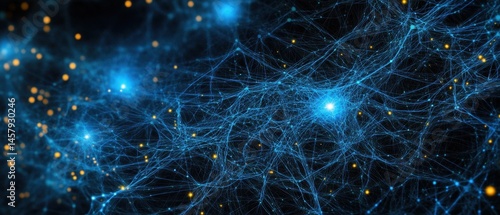 Abstract Neural Network Connection with Blue Lines and Golden Dots on Black Background