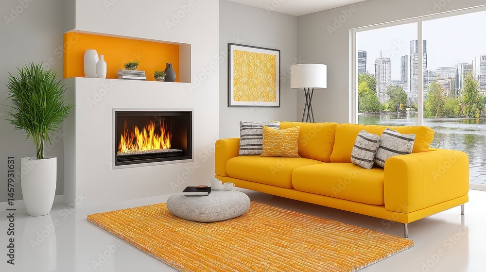 Fototapeta premium Modern Minimalist Living Room with Yellow Sofa and City View