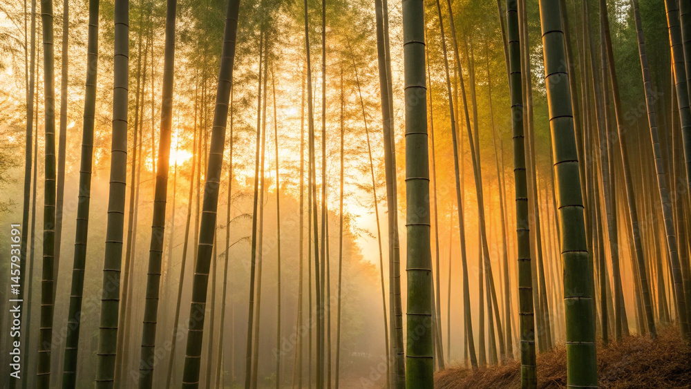 Fototapeta premium Watercolor Eco-Friendly concept. Bamboo forest bathed in golden sunlight.