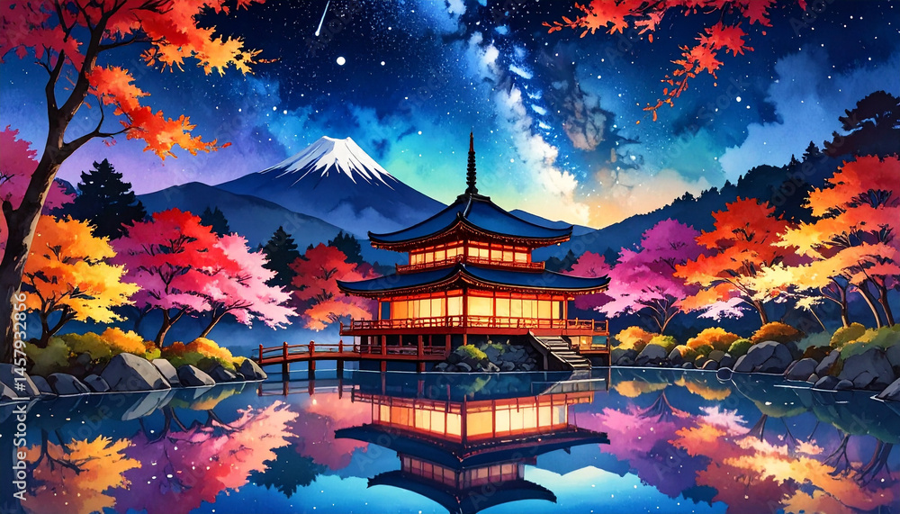 Fototapeta premium 星空と紅葉に彩られた湖畔の日本の寺院