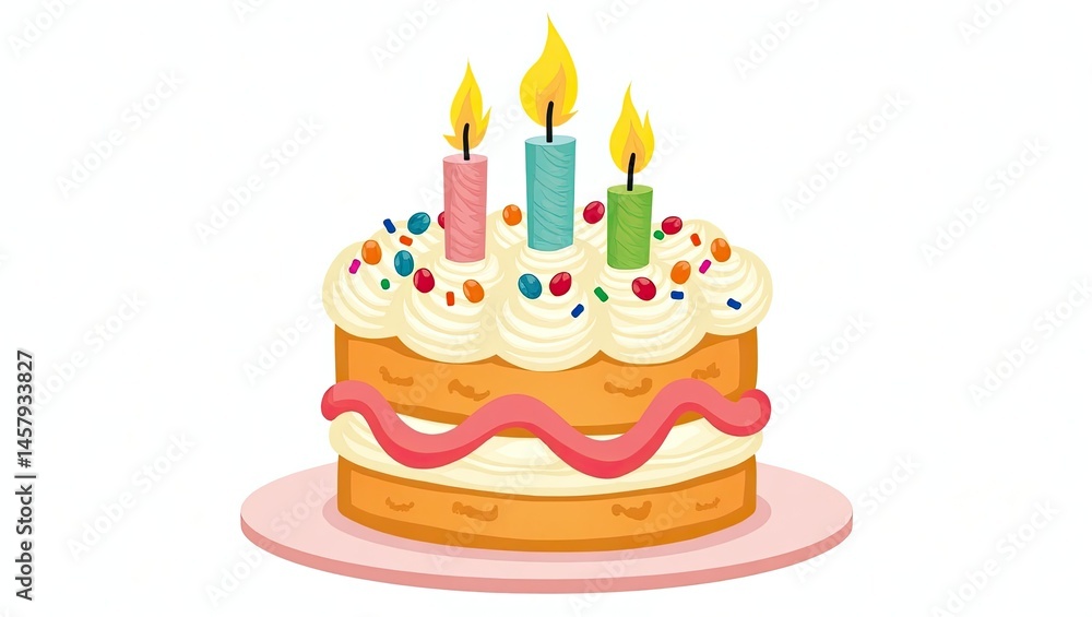 Vibrant Colorful Illustration of Classic Birthday Cake with Candles and Sprinkles Vibrant Colorful Illustration of Classic Birthday Cake with Candles and Sprinkles