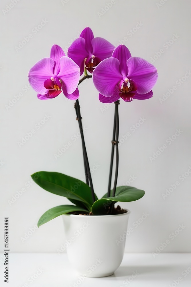 Naklejka premium A vibrant pink orchid showcases its beauty within a simple white container , pretty, floral, white