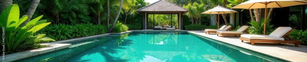 Fototapeta premium Luxury resort pool, lush greenery, clear turquoise water, calm, summer