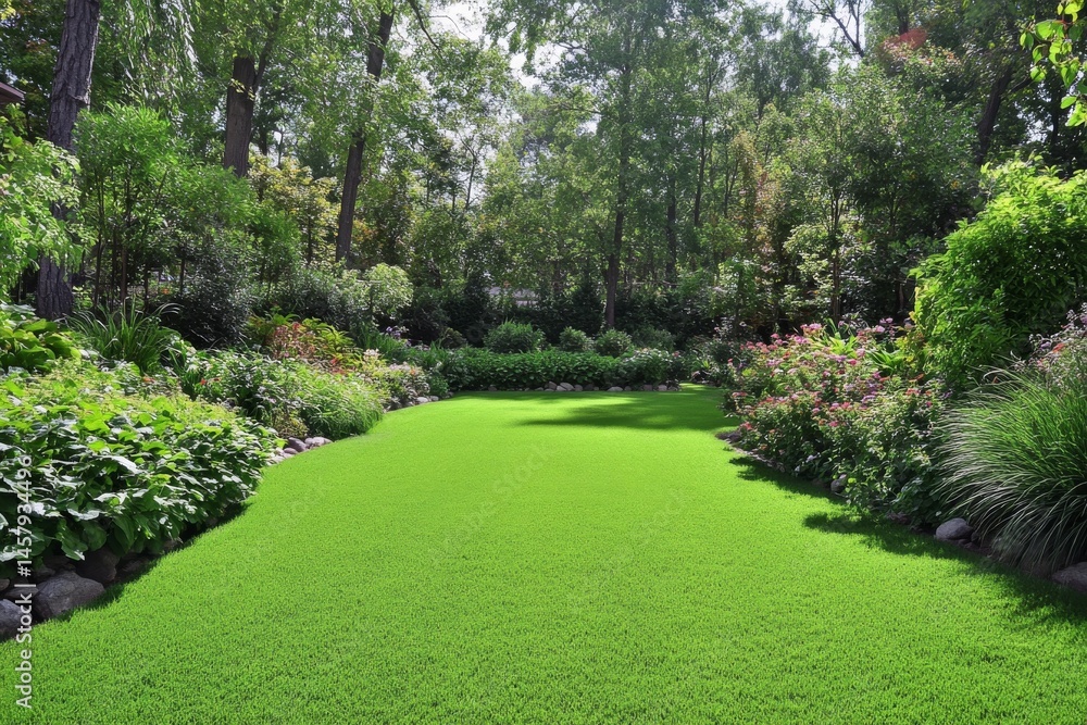 Obraz premium Lush green garden with manicured lawn surrounded by vibrant flowers and dense trees, peaceful and inviting backyard landscape in natural sunlight