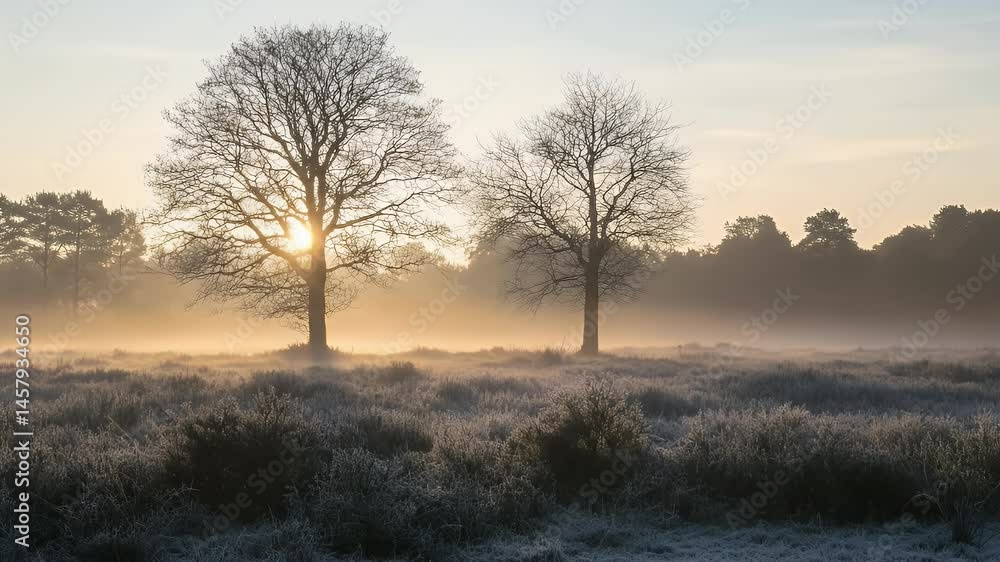 Misty Meadow Landscape at Sunrise with Silhouette Trees and Frosty Grass Misty Meadow Landscape at Sunrise with Silhouette Trees and Frosty Grass