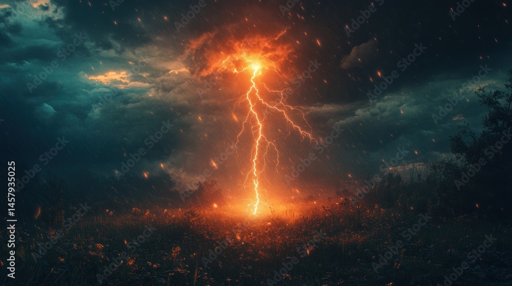 Fiery Lightning Strike Over a Dark Landscape Fiery Lightning Strike Over a Dark Landscape