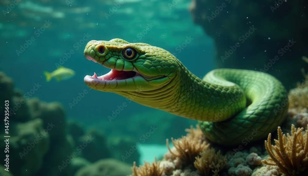 Fototapeta premium Olive green sea snake swallowing fish underwater, wildlife, olive, predator