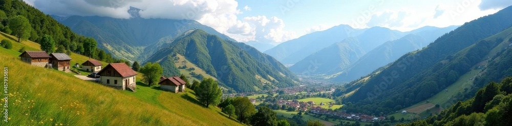 Obraz premium Panoramic view of Najac village & surrounding valley, aerial, valley, France