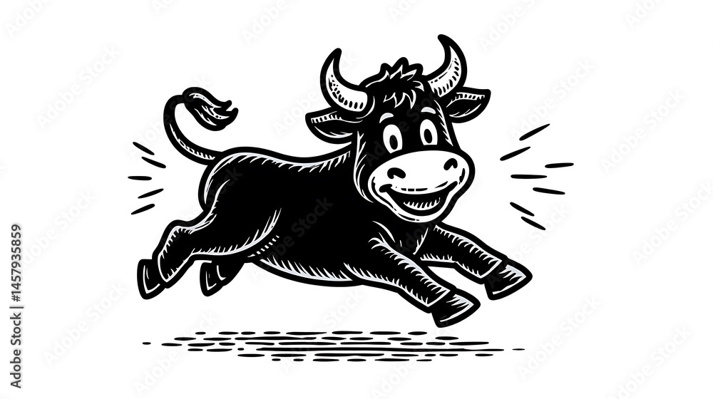 Obraz premium Happy Running Bull Cartoon Illustration.