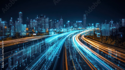 Futuristic city highway at night with data streams and light trails