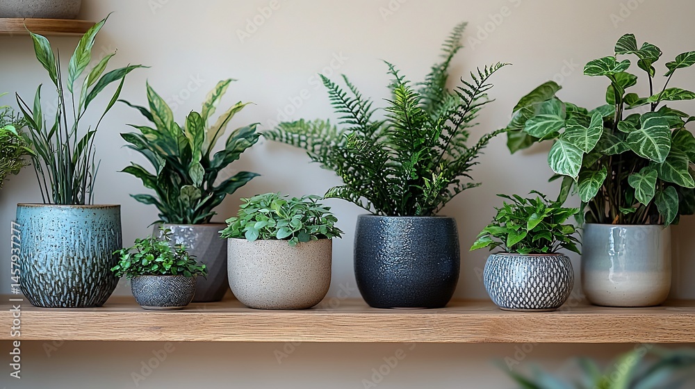 Variety of houseplants on shelf Variety of houseplants on shelf