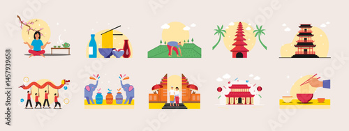 Asian culture illustration set Flat vector illustration concept.