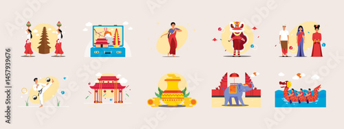 Asian culture illustration set Flat vector illustration concept.