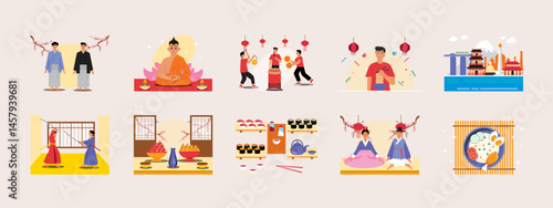Asian culture illustration set Flat vector illustration concept.