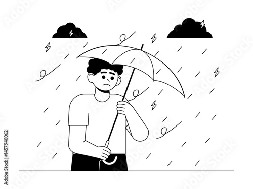 Extreme weather can cause natural disasters and disrupt social activities. Social issue vector illustration. Black and white style. Flat and outline illustration concept.