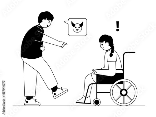 Body shaming by school children makes victims feel depressed. Social issue vector illustration. Black and white style. Flat and outline illustration concept.