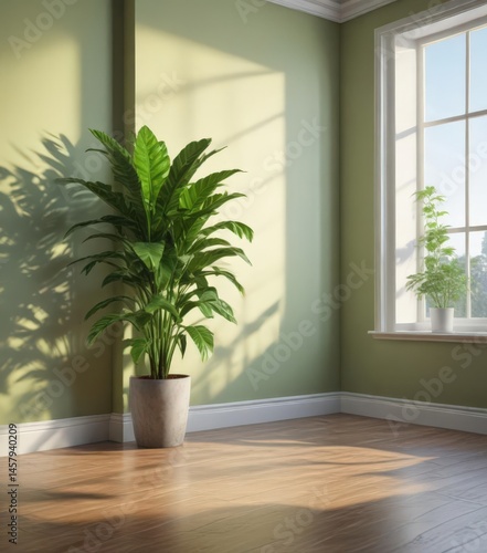 Sunlit empty room, vibrant green plant in corner,  sunlight,  indoor plant,  space