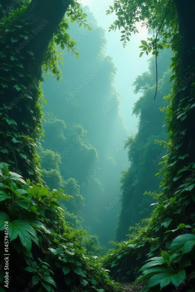 Thick fog shrouds emerald rainforest, vines dripping, humid, plant Thick fog shrouds emerald rainforest, vines dripping, humid, plant