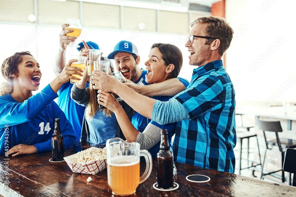 Sports, celebration and friends toast in pub for support, success and cheers with baseball match or game. Group of people or fans with beer, drinks or glasses together for happy hour and team winning