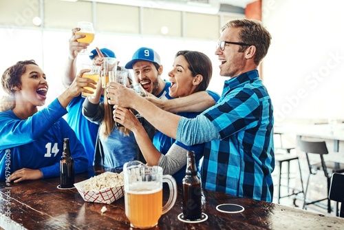 Obraz na płótnie Sports, celebration and friends toast in pub for support, success and cheers with baseball match or game. Group of people or fans with beer, drinks or glasses together for happy hour and team winning w salonie