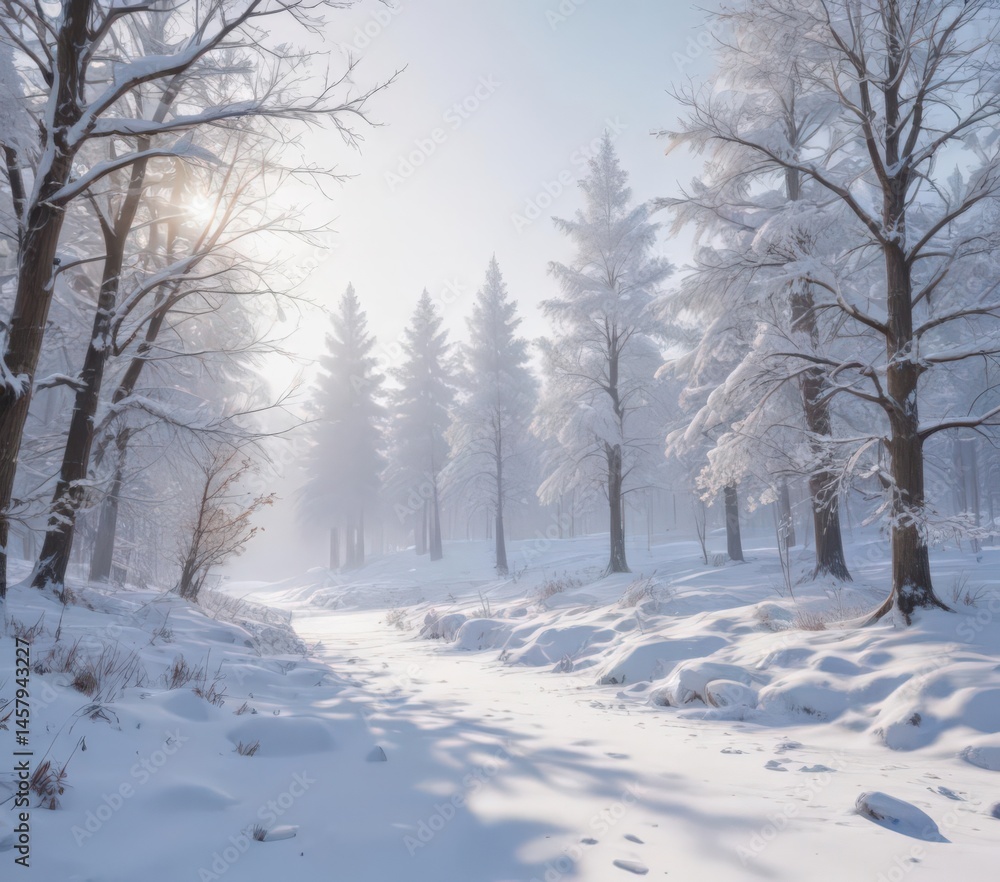 Obraz premium Serene snowfall blankets pristine winter landscape, soft light , snowfall, cold