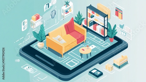 Wallpaper Mural Isometric Illustration of Interior Design Application on a Tablet Screen Torontodigital.ca