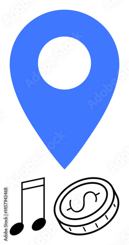 Blue pin icon, musical note, and coin visualizing location-based services, music access, financial growth. Ideal for apps, navigation, entertainment, streaming economy branding simple landing page