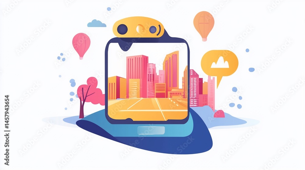 Naklejka premium Cityscape on a Smartphone Screen with Hot Air Balloons and Cloud